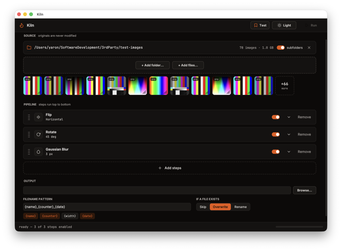 The Kiln main window with a source folder of 78 images and a three-step pipeline — flip, rotate, blur — ready to run.