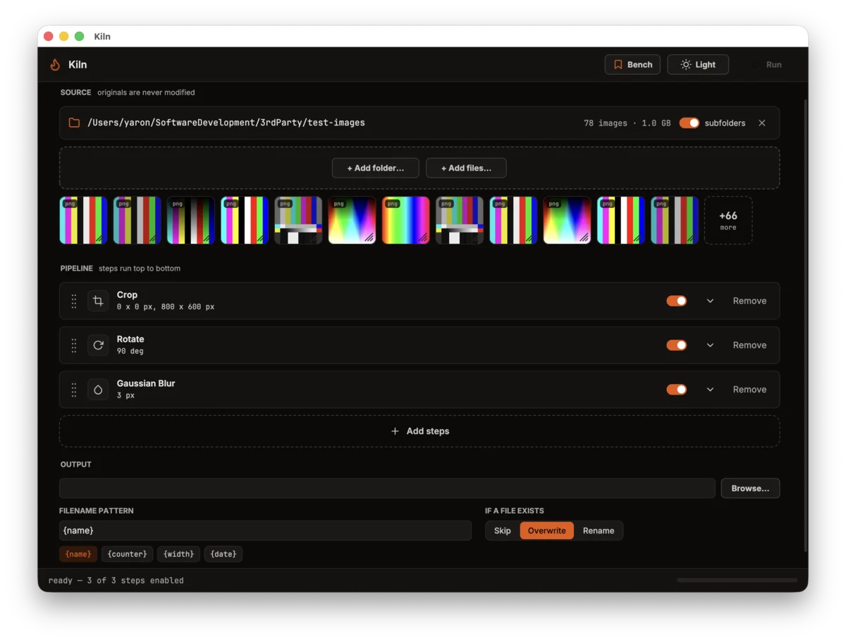 The Kiln main window with a source folder of 78 images and a three-step pipeline — crop, rotate, and Gaussian blur — ready to run.